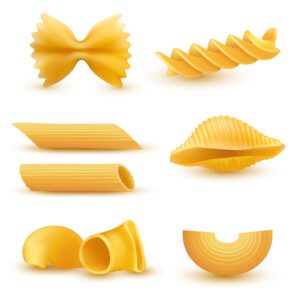 Vector illustration showing a variety of dry pasta types including penne, macaroni, farfalle, fusilli, and other traditional pasta shapes.